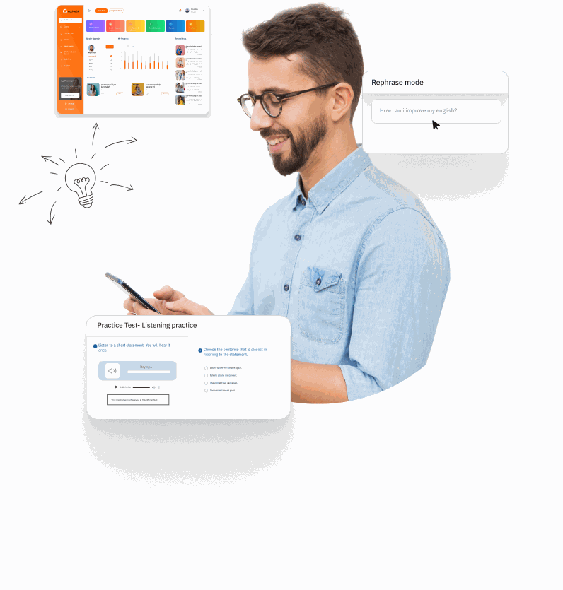 Allmock CELPIP practice test dashboard with listening practice and AI rephrase mode